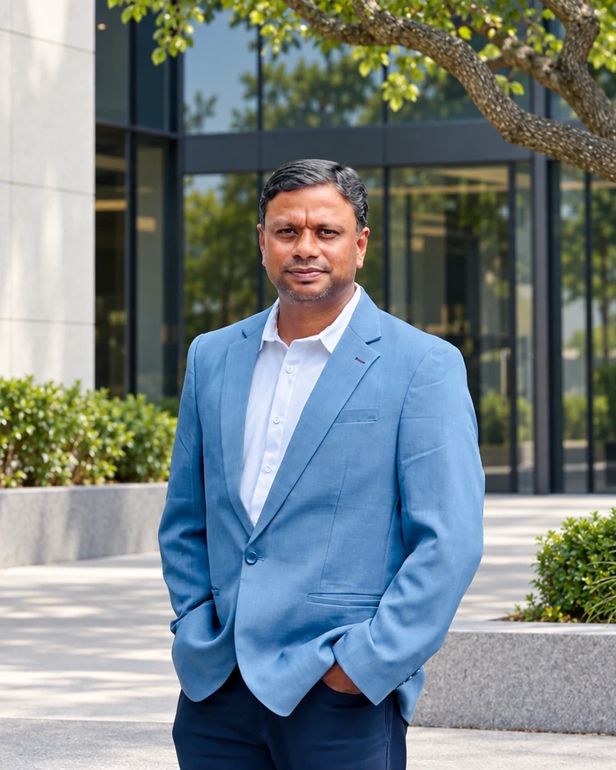 Raghu Praneeth Akula in a blue business suit